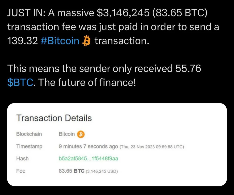 Bitcoin transaction fee cost user over $3mln to send just over $2mln (60% fee)