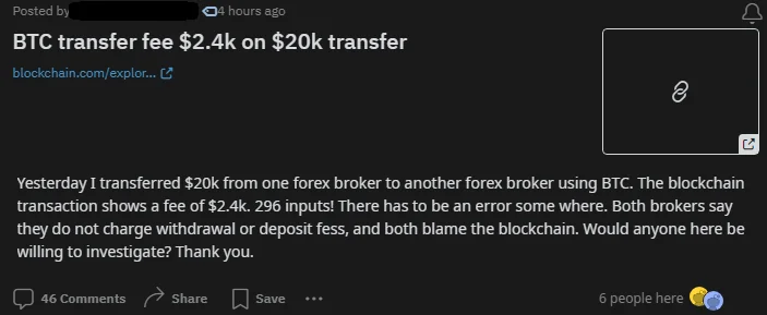 Bitcoin transaction cost $2.4k USD to send $20k (12% cost) Blockchain to blame